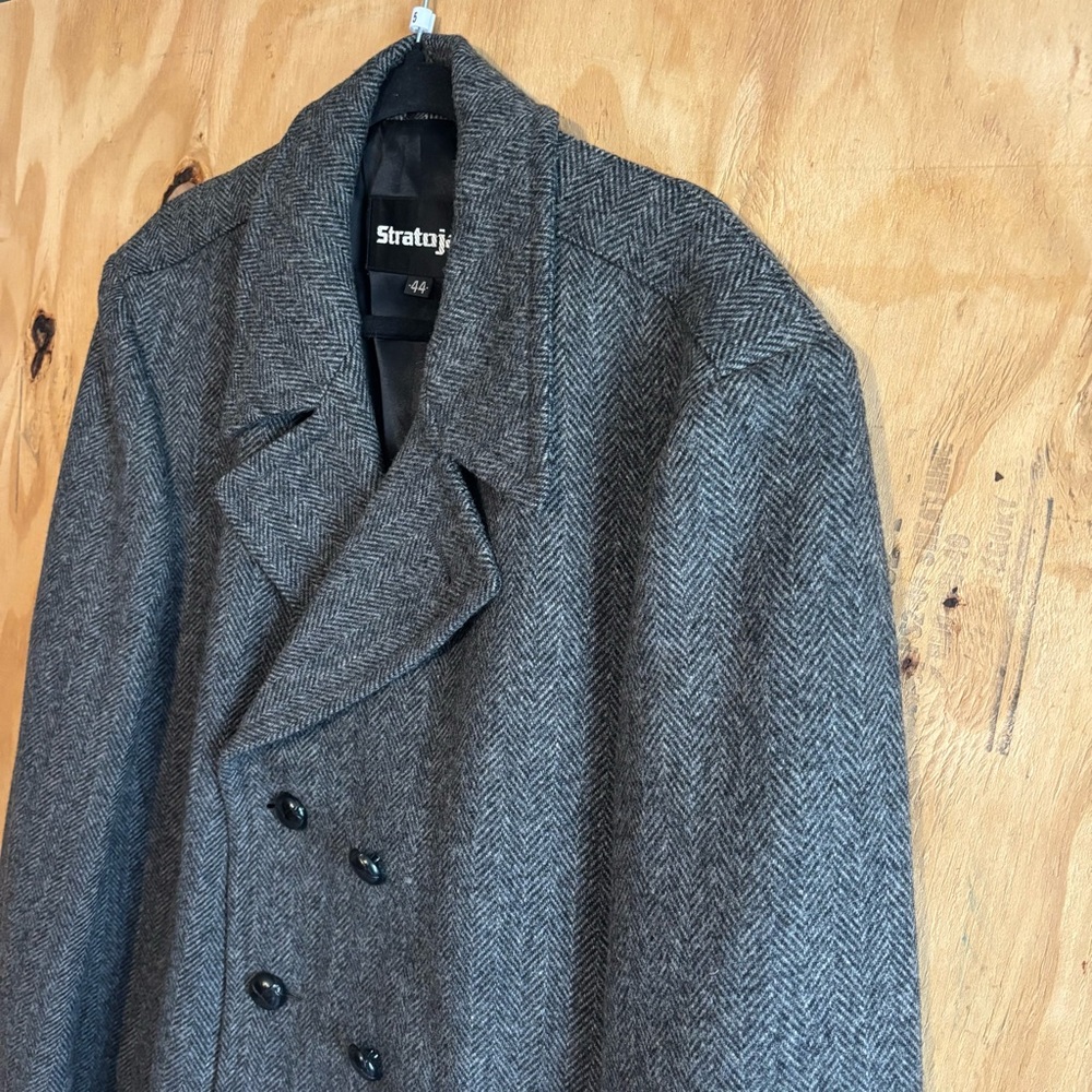 Vintage Stratojac Double Breasted Herringbone Grey Wool Blend Peacoat Jacket 44 - Picture 2 of 7